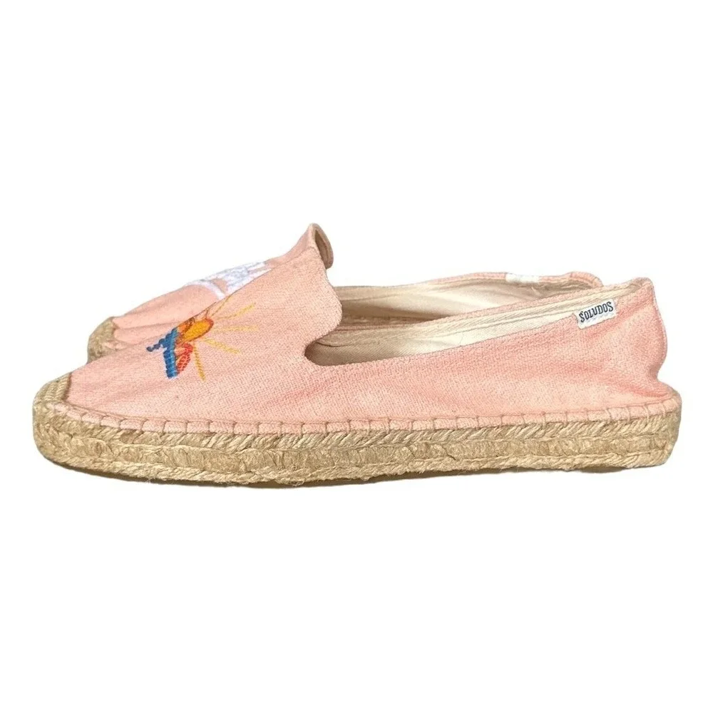 Soludos Aloha Sunset Pink Canvas Espadrille Flats Womens 10 Tropical Embroidered